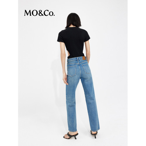 MOCO肌理感連體衣短袖圓領正肩T恤設計感鏤空露腰修身上衣上裝