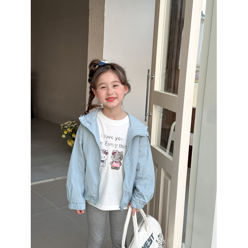 女童韓版休閒寬鬆春秋薄款拉鍊外套兒童純色連帽防曬衣中大童上衣