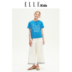 ELLEkids童裝 撞色綉花濶腿九分褲女童夏季新款度假休閒寬松褲子