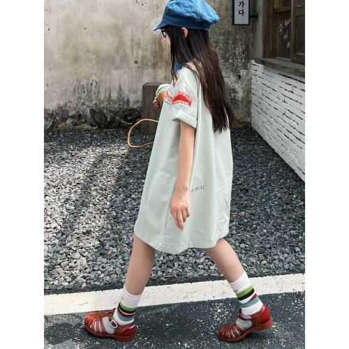 女童連衣裙夏季女寶寶淺綠色襯衫翻領polo裙日系洋氣親子裝裙子