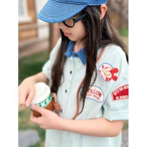 女童連衣裙夏季女寶寶淺綠色襯衫翻領polo裙日系洋氣親子裝裙子