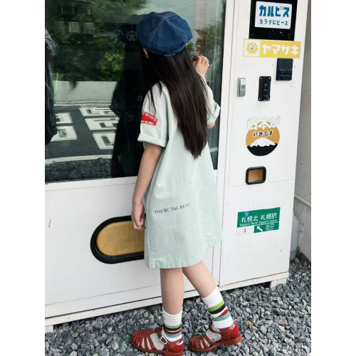 女童連衣裙夏季女寶寶淺綠色襯衫翻領polo裙日系洋氣親子裝裙子