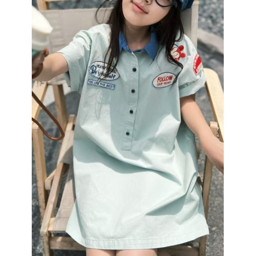女童連衣裙夏季女寶寶淺綠色襯衫翻領polo裙日系洋氣親子裝裙子