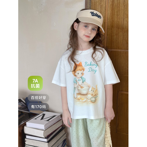 【小奶貓】藍小爸童裝女童親子印花短袖夏季新款兒童休閒圓領短袖
