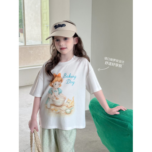 【小奶貓】藍小爸童裝女童親子印花短袖夏季新款兒童休閒圓領短袖