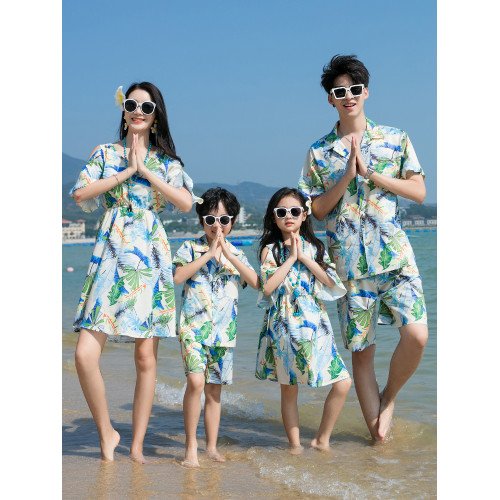 沙灘海邊度假親子裝夏裝一家三口四口父子套裝胖MM大碼母女連衣裙