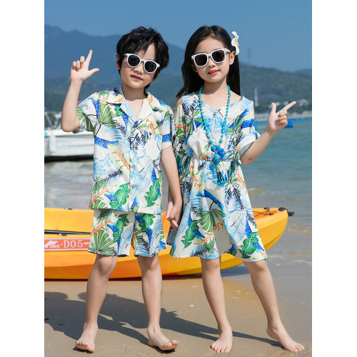 沙灘海邊度假親子裝夏裝一家三口四口父子套裝胖MM大碼母女連衣裙