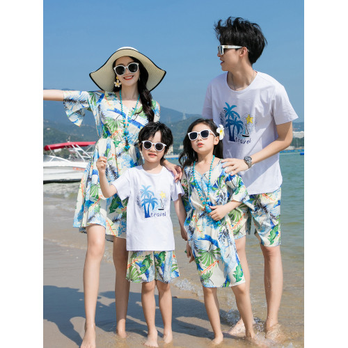 沙灘海邊度假親子裝夏裝一家三口四口父子套裝胖MM大碼母女連衣裙
