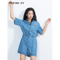 Yifini/易菲寬松短袖襯衫款天絲牛仔連體衣女夏季新款短褲薄