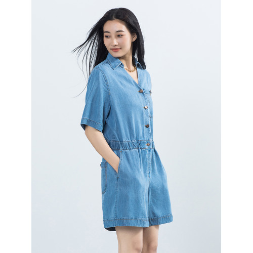 Yifini/易菲寬松短袖襯衫款天絲牛仔連體衣女夏季新款短褲薄