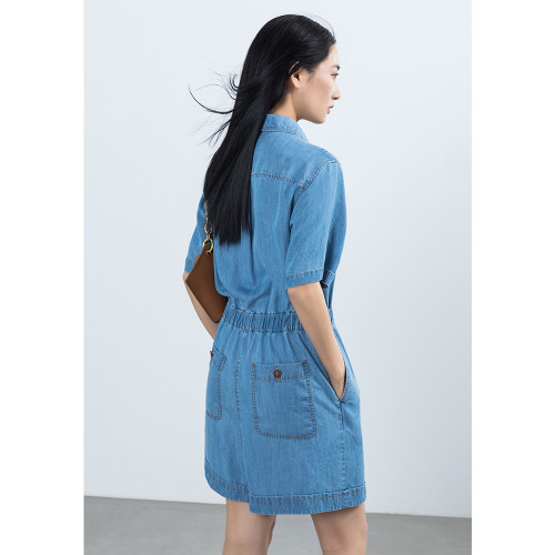 Yifini/易菲寬松短袖襯衫款天絲牛仔連體衣女夏季新款短褲薄