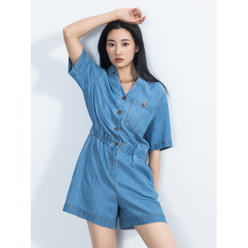 Yifini/易菲寬松短袖襯衫款天絲牛仔連體衣女夏季新款短褲薄