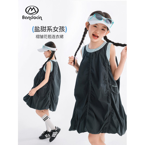 半度閒女童夏季褶皺連衣裙夏季薄款透氣2025新款兒童寬松運動裙子