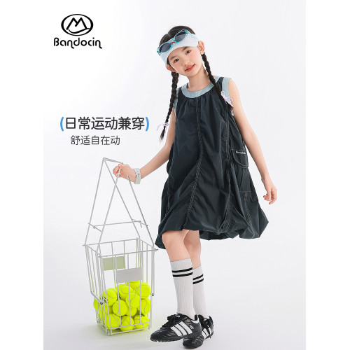 半度閒女童夏季褶皺連衣裙夏季薄款透氣2025新款兒童寬松運動裙子