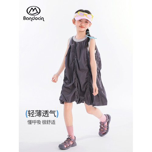 半度閒女童夏季褶皺連衣裙夏季薄款透氣2025新款兒童寬松運動裙子