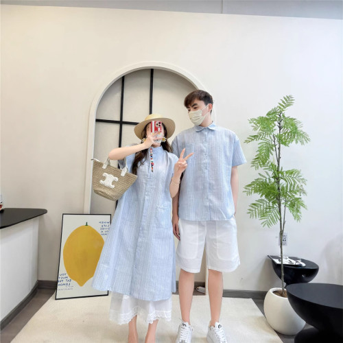 高級一家三四口襯衫夏季條紋短袖襯衣母女裝裙親子裝寬松度假休閒