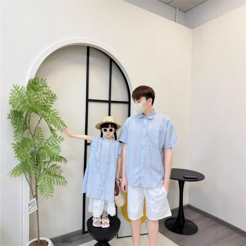 高級一家三四口襯衫夏季條紋短袖襯衣母女裝裙親子裝寬松度假休閒