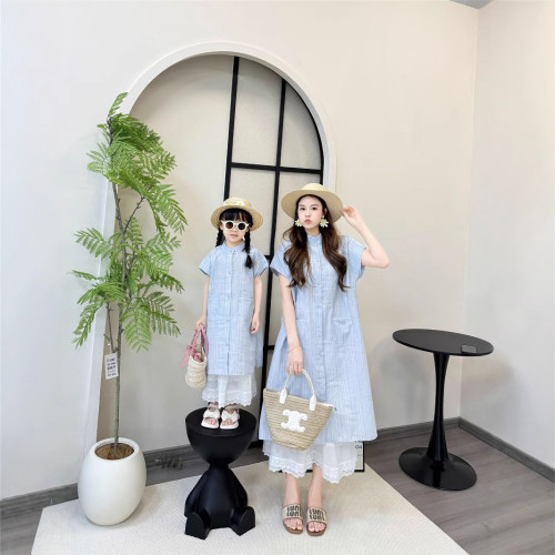 高級一家三四口襯衫夏季條紋短袖襯衣母女裝裙親子裝寬松度假休閒