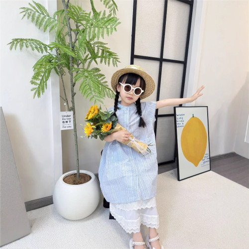 高級一家三四口襯衫夏季條紋短袖襯衣母女裝裙親子裝寬松度假休閒