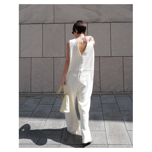 春夏日系設計感通勤OL簡約休閒後深V露背連體褲西裝連體衣長褲女