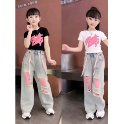 法國女童短袖t恤夏裝套裝兒童女孩上衣短款黑色大童體恤半袖夏季