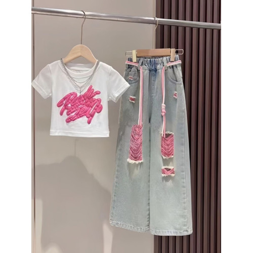 法國女童短袖t恤夏裝套裝兒童女孩上衣短款黑色大童體恤半袖夏季