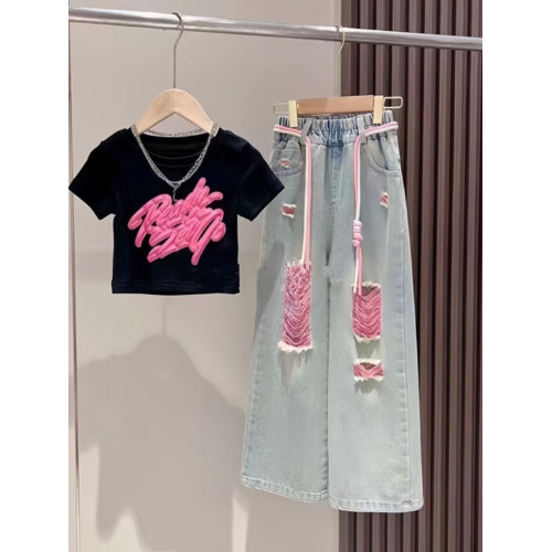 法國女童短袖t恤夏裝套裝兒童女孩上衣短款黑色大童體恤半袖夏季