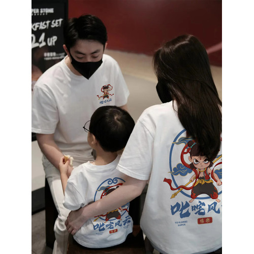 哪吒親子裝一家三口短袖2025新款夏季哪吒服裝國潮風t恤兒童上衣T