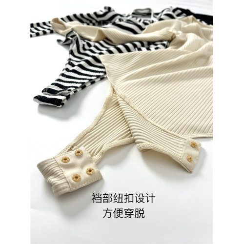 俄單LR xxs-l美式亨利領紐釦長袖T恤連體衣 莫代爾坑條bodysuit女