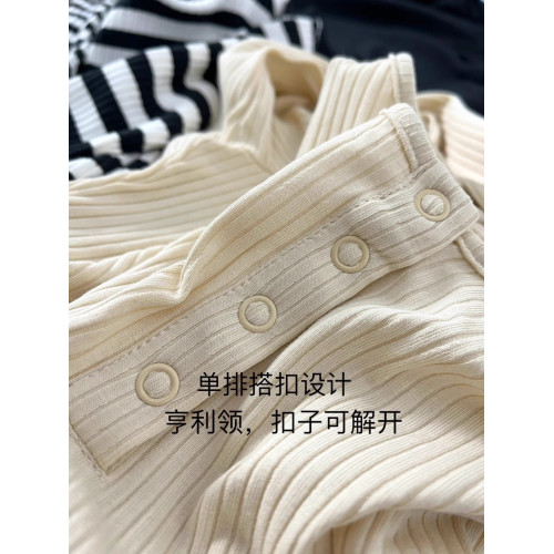 俄單LR xxs-l美式亨利領紐釦長袖T恤連體衣 莫代爾坑條bodysuit女
