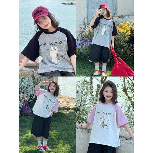 女童短袖T恤2025年夏季新款貓咪插畫趣味短袖T恤兒童撞色短袖上衣