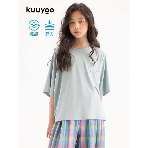 KUUYOO Gogogo中大童夏季短袖親膚天絲t恤兒童寬松插肩袖女童上衣