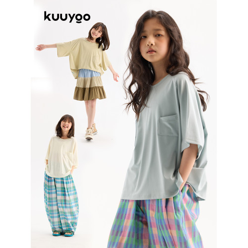 KUUYOO Gogogo中大童夏季短袖親膚天絲t恤兒童寬松插肩袖女童上衣