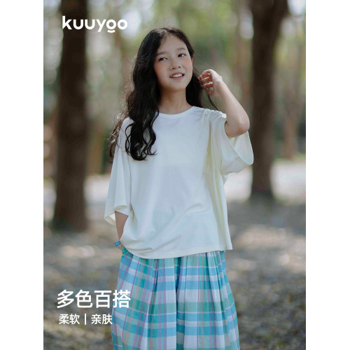 KUUYOO Gogogo中大童夏季短袖親膚天絲t恤兒童寬松插肩袖女童上衣