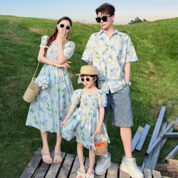 嬰兒一家三口親子裝母女裝連衣裙夏季新款度假風港風花襯衫碎花裙