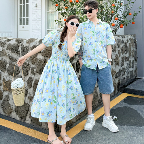 嬰兒一家三口親子裝母女裝連衣裙夏季新款度假風港風花襯衫碎花裙