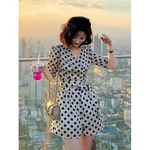 LITTLE RAINY法式波點連體褲女夏季小個子薄款減齡休閒V領連體衣