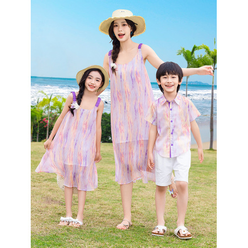 親子裝夏裝一家三口四口POLO海邊度假裝2025新款洋氣母女裝沙灘裙