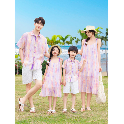 親子裝夏裝一家三口四口POLO海邊度假裝2025新款洋氣母女裝沙灘裙