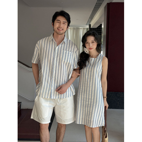 親子裝一家三四口夏季薄款條紋襯衫洋氣海邊度假家庭裝母女連衣裙