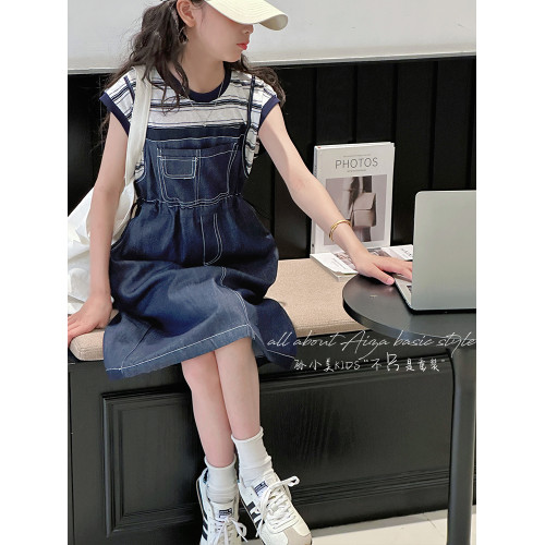 孫小美kids 假兩件女童牛仔連衣裙2025新款夏裝兒童無袖裙子時髦