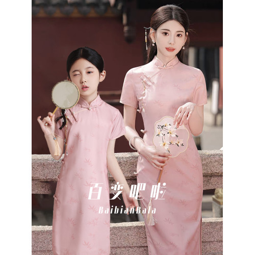 粉色新中式母女裝2025新款風女童六一演出服夏季親子裝高級感
