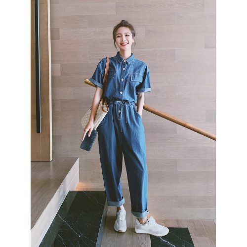 工裝薄款牛仔連體褲女夏季2024年新款氣質連體衣小個子連身褲套裝