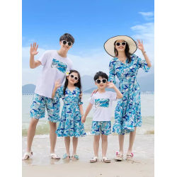 親子裝一家三口四口沙灘海邊母女連衣裙夏季大碼三亞度假短袖套裝