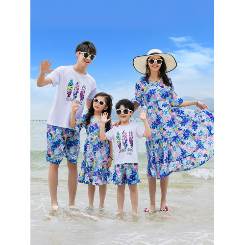 親子裝一家三口四口沙灘海邊母女連衣裙夏季大碼三亞度假短袖套裝