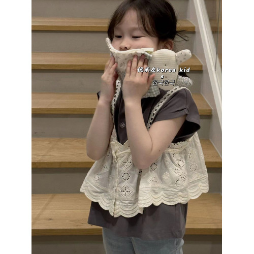 波拉bora韓國童裝女童洋氣春夏2025新款女孩子蕾絲背心短袖兩件套