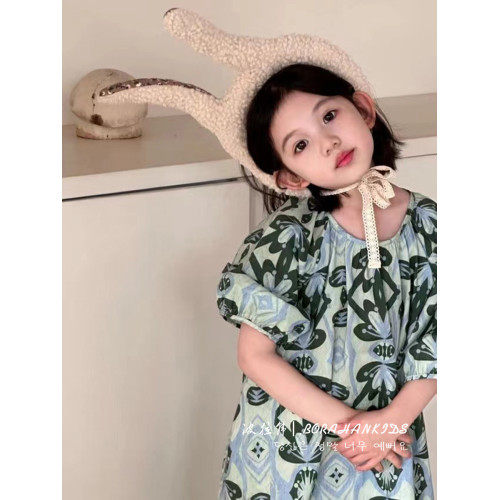 波拉韓童裝女童泡泡袖連衣裙夏裝2025兒童田園風碎花裙小女孩長裙