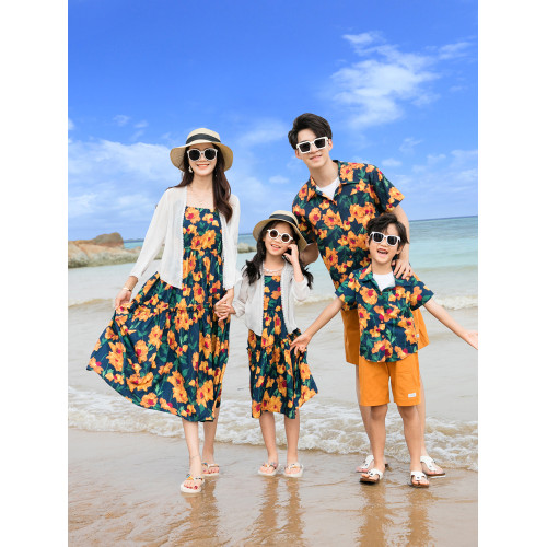 復古港風親子裝一家三口四口夏季花襯衫海邊度假沙灘裙母女連衣裙