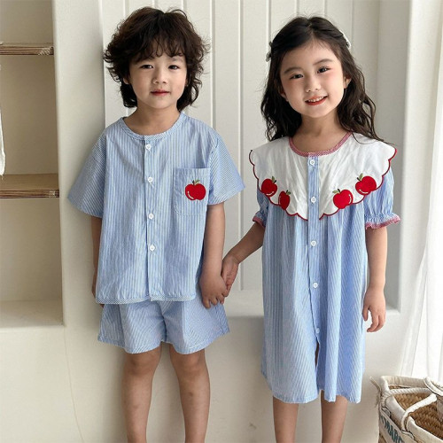 兄妹裝兒童夏季純棉開衫姐弟裝圓領襯衫親子裝兩件套韓版短袖套裝