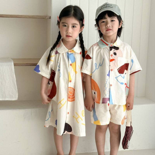 兄妹裝兒童夏季純棉襯衫套裝男女童親子裝韓版洋氣海邊度假襯衫裙